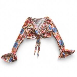 Floral Tie-Front Crop Sheer Mesh Cardigan with Bell Sleeves